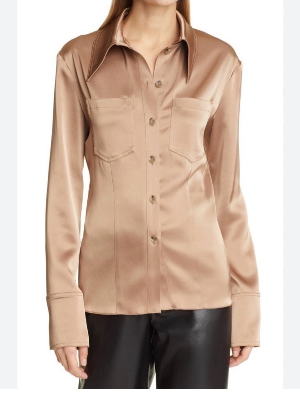 Nanushka Satin Button-Front Blouse in Taupe